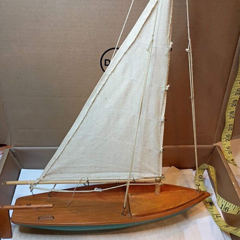 Vintage Wooden Pond Yacht Model Sailboat 14 Inch Long